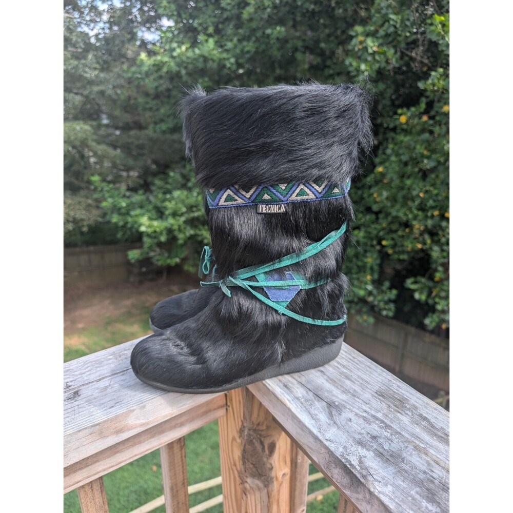 Tecnica Black Goat Fur Boots Apres Ski Italy Wedge Winter US 9 40